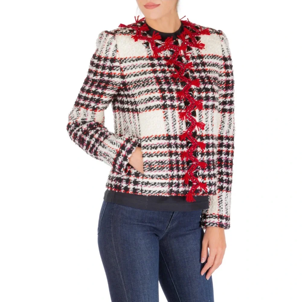 TORY‎ BURCH Embroidered Crystal Buttons Tweed Jacket In White